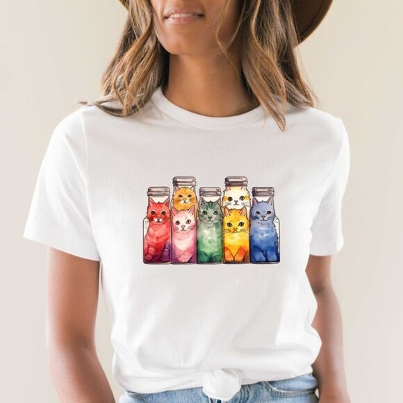 Tops - Cats In Jars T-Shirt, Colorful Cats Tee, Freedom Tee, Lgbt Parade Tee
